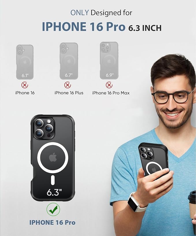 Compatible with iPhone 16 Pro Case, Built-in Screen Protector, with Camera Lens Protector, [Compatible with MagSafe] Matte Back Full Body Phone Case, Protective Cover for 16Pro 6.3" (Black)