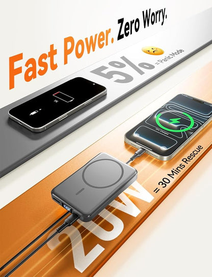 Aobbow Magnetic Portable Charger, 10000mAh MagSafe Battery Pack with LED Display, 20W USB-C Fast Charging Power Bank, Travel Essentials Wireless Charger for iPhone 17/16/15/14/13/12, Gray