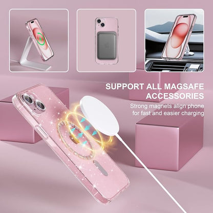Choiche Compatible for iPhone 15 Case Magnetic, Women Clear Glitter Bling Sparkly Case, [2xDiamond Camera Lens Protectors] [2xTempered Glass Screen Protectors] [Compatible MagSafe] (Glitter Clear)