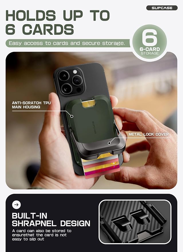 SUPCASE for MagSafe Wallet with Stand, Magnetic Wallet for Men Women, [Hold 6 Cards] [RFID Blocking] [Strong Magnetic Lock] Phone Stand Card Holder for iPhone 17/16/15/14/13/12 Series, Battle Green