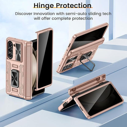 VEGO for Samsung Z Fold 5 Case with Privacy Screen Protector & Hinge Cover | Built-in Slide Camera Cover Military Grade Shockproof Hard PC Kickstand Phone Case for Galaxy Z Fold 5 2023-Rose Gold