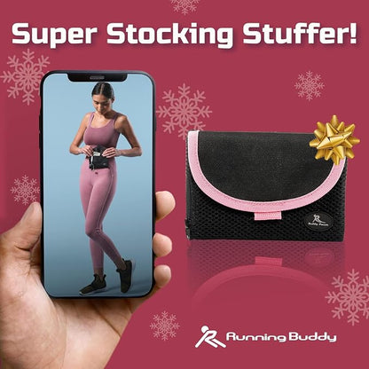 Running Buddy Magnetic Fanny Pack - Water-Resistant Belt Bag - Secure Magnetic Closure Waist Pack - Phone Belt Holder & Headphone Port - XL 6.8 x 4 in, Black/Pink