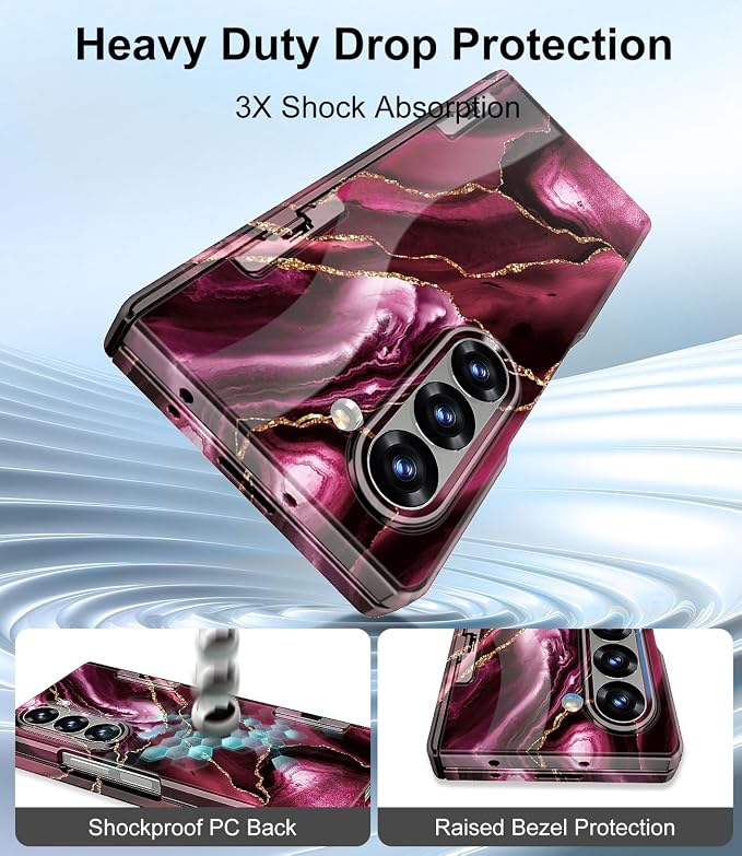 Btscase for Samsung Galaxy Z Fold 6 Case,Built in Front Screen Protector,Gold Glitter Marble Pattern Hard PC Slim Shockproof Full Body Drop Protective Case for Galaxy Z Fold 6 5G, Wine Red