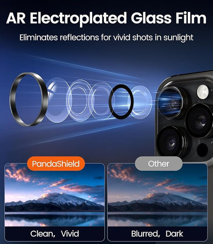 PandaShield 2-Pack Anti-Reflection Camera Lens Protector for iPhone 17/16/15 Pro & Pro Max, Easy Installation,Anti-Scratch,9H Hardness,98% Ultra Clarity,Maintains Original Lens Design- Black