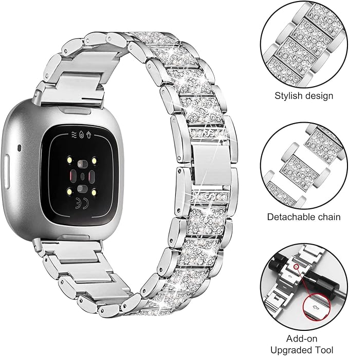 Compatible with Fitbit Versa 4/Sense 2 with Case Women, Jewelry Replacement Metal Wristband Strap with Bling PC Protective Cover for Fitbit Versa 3/Sense (Fitbit Versa 3/Sense, Silver)