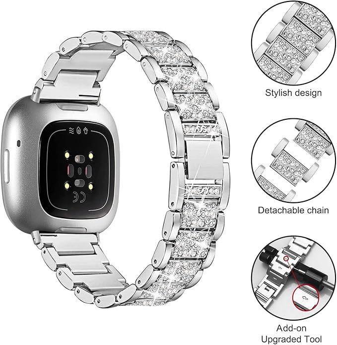 Compatible with Fitbit Versa 4/Sense 2 with Case Women, Jewelry Replacement Metal Wristband Strap with Bling PC Protective Cover for Fitbit Versa 3/Sense (Fitbit Versa 4/Sense 2, Silver)