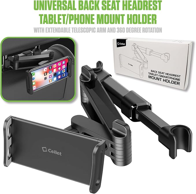 Cellet Universal Car Headrest Mount for Tablets & Phones – 360° Rotating Back Seat Tablet Holder with Extendable Arm – Compatible with iPad Pro/Air/Mini, Samsung Galaxy Tab, iPhone & Kids Devices