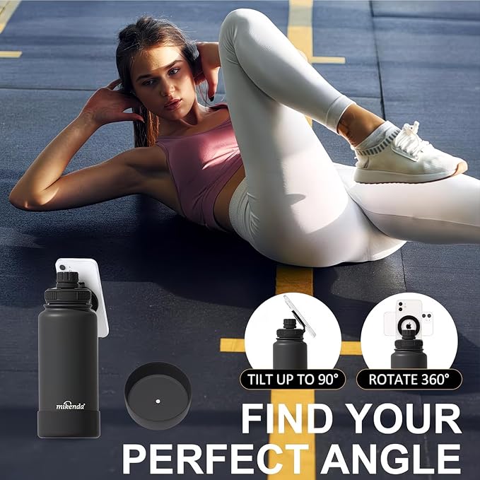 32oz Insulated Tumbler with Magnetic Phone Holder, Gym Water Bottle | Leak Proof Lid, 24hr Cold & 12hr Hot, Non-Slip Base | Travel Mug, Reusable & Eco-Friendly (black, 32, ounces)