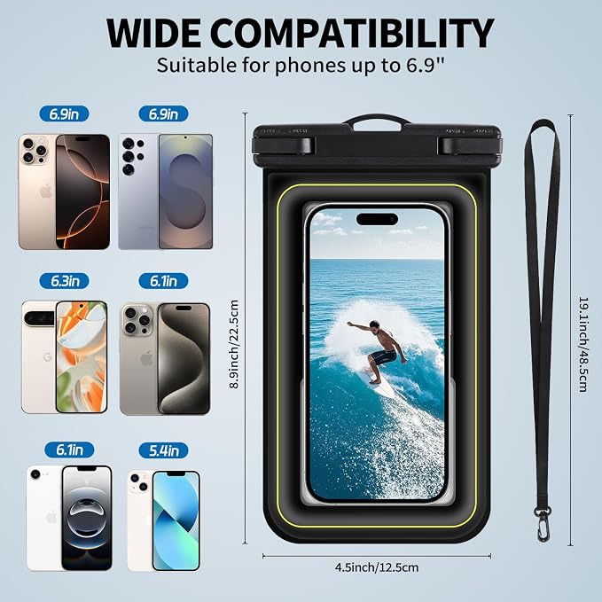 Waterproof Phone Pouch, IPX8 Floating Waterproof Phone Case Fits 7″ Phones, Letter Design Waterproof Bag Cruise Ship Travel Beach Essentials（Black