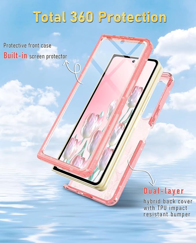 Btscase for Samsung Galaxy Z Fold 5 Case,Built in Front Screen Protector,Gold Glitter Marble Pattern Hard PC Slim Shockproof Full Body Drop Protective Case for Galaxy Z Fold 5 5G, Rose Gold
