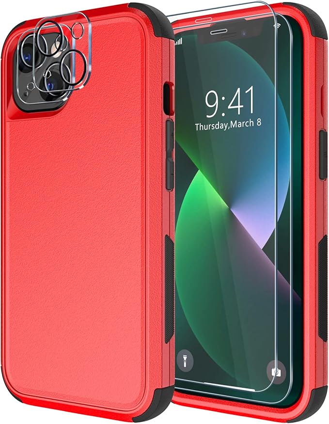 Diverbox for iPhone 13 Case [Shockproof] [Dropproof] [Tempered Glass Screen Protector + Camera Lens Protector],Heavy Duty Protection Phone Case Cover for Apple iPhone 13 (Red)