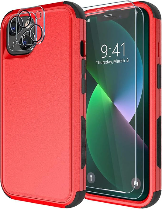 Diverbox for iPhone 13 Case [Shockproof] [Dropproof] [Tempered Glass Screen Protector + Camera Lens Protector],Heavy Duty Protection Phone Case Cover for Apple iPhone 13 (Red)