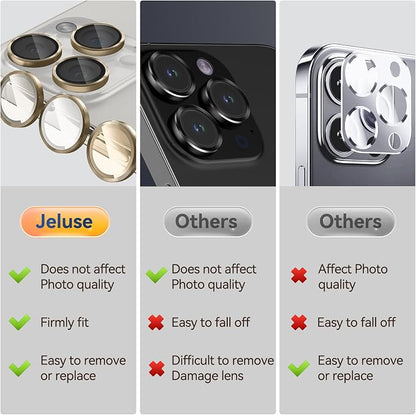 Jeluse Camera Lens Protector for iPhone 17 Pro Max/17 Pro/16 Pro Max/16 Pro/15 Pro Max/15 Pro/14 Pro Max/14 Pro, 9H Tempered Glass Screen Protector Cover Alignment Kit Metal Individual Ring