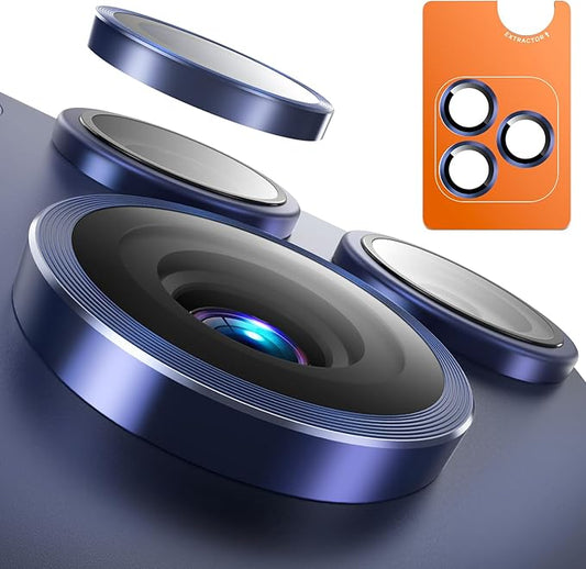 EZ-GLAZ-Camera Lens Protector for iPhone 17/16/15/14 Pro & Pro Max Series, with Aerospace-Grade Aluminum Alloy Ring, 1:1 Invisible Fit & Ultra-Clear, Military-Grade 9H+ Glass, Deep Blue