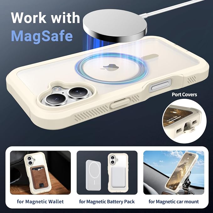 jaroco Magnetic for iPhone 16 Case, [Compatible with MagSafe][Military Grade Drop Protection][Heavy Duty Protection][Non-Slip][Shockproof] 2-Layer Durable Bumper Phone Case 6.1''-Antique White