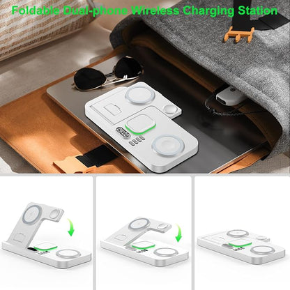 Dual Phone Wireless Charging Station for Apple Devices, Magnetic Charging Station for iPhone with Auto Switch 7-Color Light&Clock, Family Watch Charger for iPhone17 for iWatch11 for AirPods Pro3(Snow)