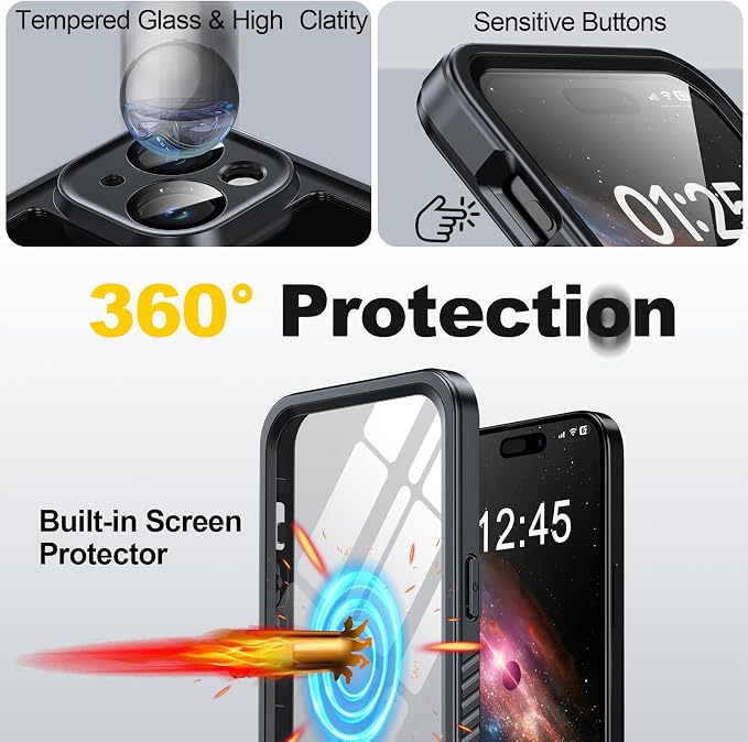 for iPhone 15 Case Waterproof - Built-in Privacy Screen Protector & HD Screen Protector [IP68 Underwater] Shockproof Dustproof Full Body Protection iPhone 15 Phone Case Black