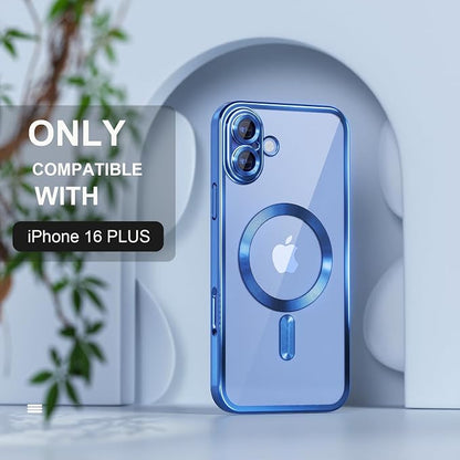 Misea Magnetic for iPhone 16 Plus Case Compatible with MagSafe [Never Yellowing] [Military Grade Drop Protection] Full Camera Lens Protector Plating Soft Clear Phone Case for Women 6.7", Deep Blue