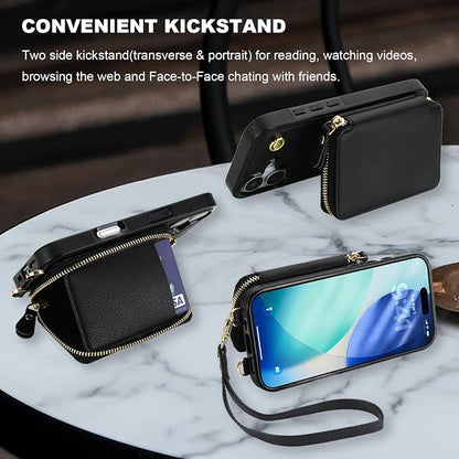 Bocasal for MagSafe Crossbody Wallet Case Compatible with iPhone 17, RFID Blocking Protective Purse Case with Card Slots Holder Kickstand Wrist Strap Lanyard Zipper 6.3 Inch 5G (Black)