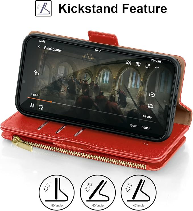 Antsturdy Compatible with iPhone 16 Plus Wallet Case,RFID Blocking PU Leather Phone Case Women Men Kickstand flip Cover Wrist Strap Zipper Credit Card Holder Slots for Apple 16 Plus 6.7",Red