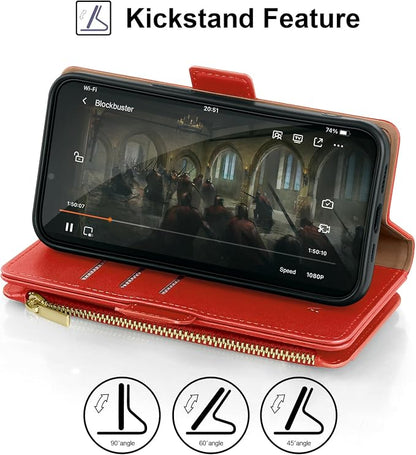 Antsturdy Compatible with iPhone 16 Plus Wallet Case,RFID Blocking PU Leather Phone Case Women Men Kickstand flip Cover Wrist Strap Zipper Credit Card Holder Slots for Apple 16 Plus 6.7",Red
