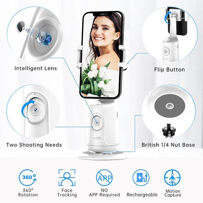 Auto Tracking Phone Holder, Auto Face Tracking Tripod, Portable All-in-one Smart Selfie Stick 360 Rotation Fast Face & Object Tracking Cameraman Robot Mount for Phone Video Vlog Live Streaming(White)