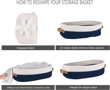 Set of 2 Toilet Basket,Woven Storage Basket for Toilet Tank Top Farmhouse Home Decor Organizing Baskets 13"x5.9"x4" Navy Stitching White