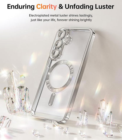 Meifigno Designed for Samsung Galaxy S25 Plus Case, [Compatible with MagSafe] [2X HD Screen Protectors] [Glitter Card & Wrist Strap] Surround Raised Lens Protection Case for S25 Plus 6.7", Silver