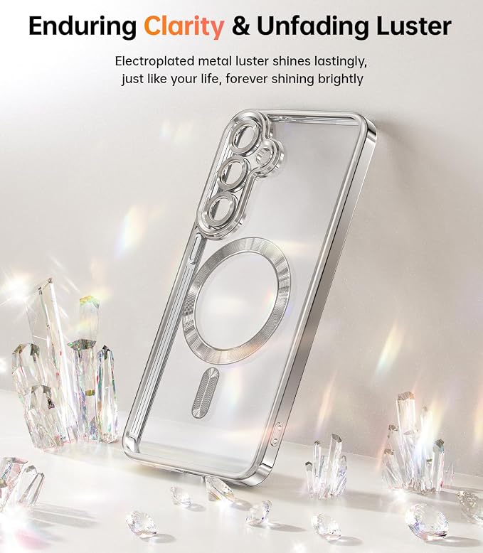Meifigno Case Designed for Samsung Galaxy S25 6.2 inch, [Compatible with MagSafe] [2X HD Screen Protectors] [Glitter Card & Wrist Strap] Surround Lens Protection Case for Samsung Galaxy S25, Sliver
