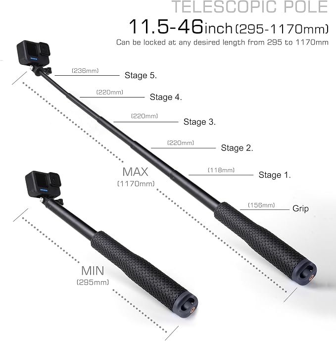 GEPULY Waterproof Selfie Stick Pole Hand Grip Adjustable Underwater Monopod for GoPro Hero 13 12 11 10 9 8 7 6 5 AKASO DJI OSMO 6 5 Pro Action Camera Black