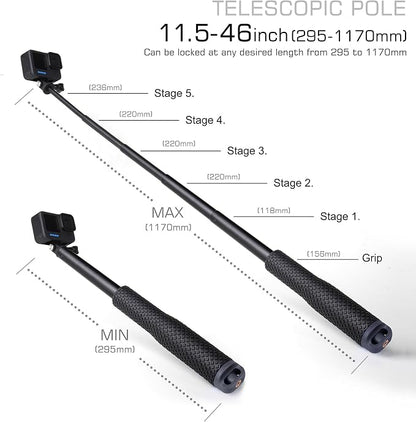 GEPULY Waterproof Selfie Stick Pole Hand Grip Adjustable Underwater Monopod for GoPro Hero 13 12 11 10 9 8 7 6 5 AKASO DJI OSMO 6 5 Pro Action Camera Black