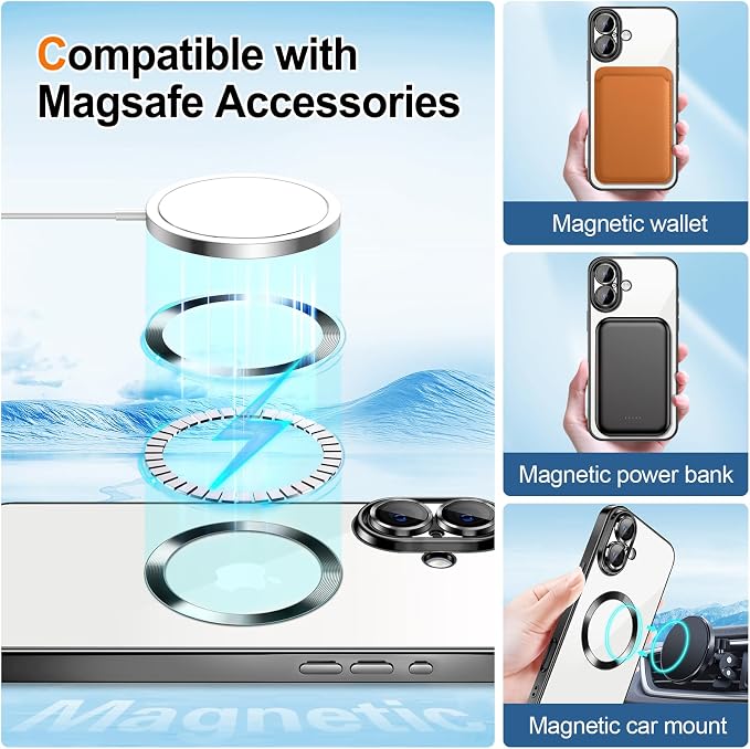 Hython for iPhone 17 Case Glitter Clear Magnetic Phone Cases [Compatible with MagSafe] Full Camera Lens Protector Sparkle Luxury Plating Slim Shockproof Protective Cover Women, Black