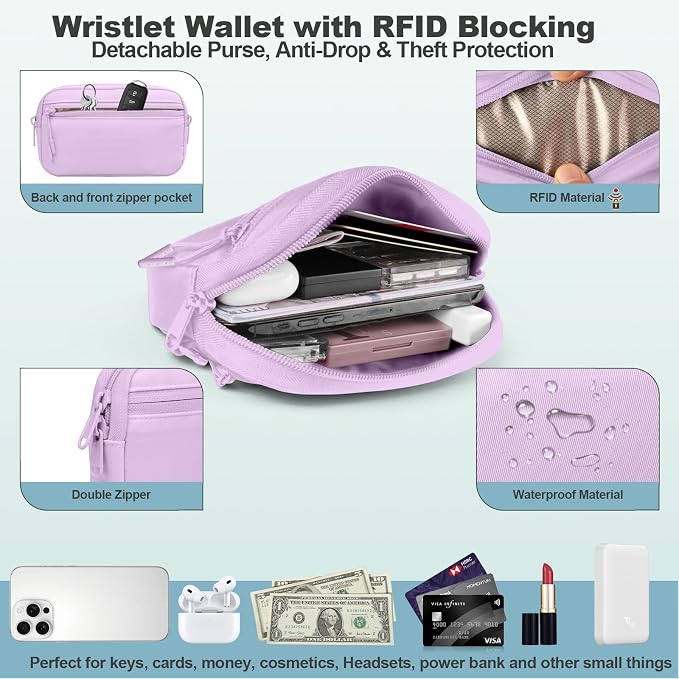 YFWE Clip and Go Strap for Phone with Wallet Crossbody, Adjustable Phone Lanyard with Detachable RFID Wristlet Wallet, Pattern Strap - Light Purple(L)
