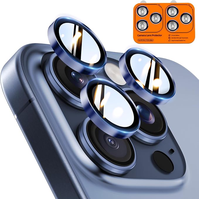 TOCOL for iPhone 15 Pro Max Camera Lens Protector/iPhone 15 Pro Camera Lens Protector Tempered Glass HD Individual Scratch Resistant Cover Accessories Case Friendly 2 Pack（Dark Blue）