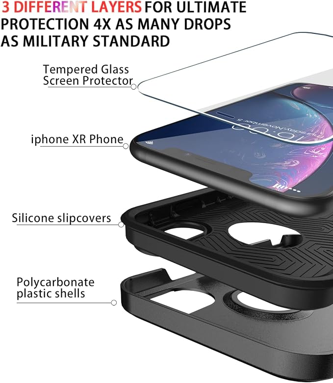 Diverbox for iPhone XR Case [Tempered Glass Screen Protector] [Shockproof] [Dropproof] Heavy Duty Protection Phone Case Cover for Apple iPhone XR (Black)