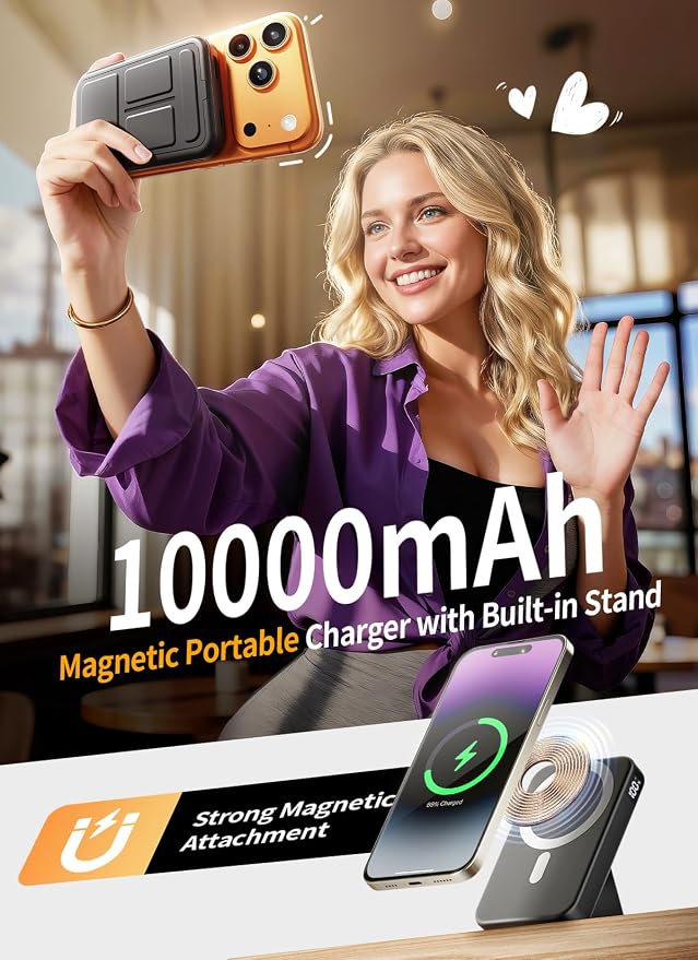 for Magsafe Power Bank, 10000mAh Wireless Portable Charger with Foldable Stand, 20W PD Fast Charging, Travel Essential for Magsafe Battery Pack, Compatible with iPhone 17/16/15/14 Series