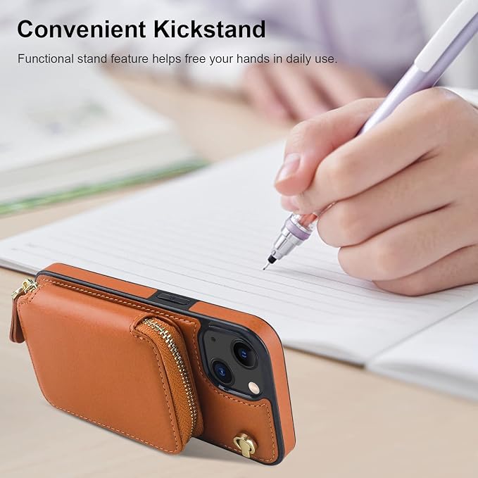 Bocasal Crossbody Wallet Case for iPhone 14 iPhone 13, RFID Blocking Leather Purse Case with Card Holder, Protective Handbag Flip Cover with Zipper Wrist Strap Lanyard for Women 5G 6.1 Inch (Brown)