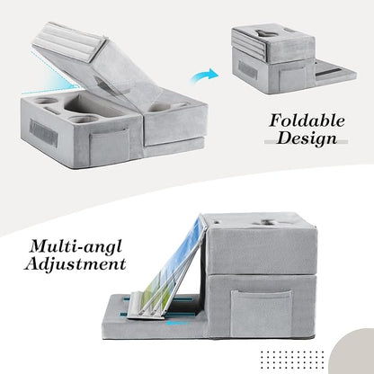 Luxspire Couch Cup Holder, Couch Caddy with 8 Holes and Side Pocket, Couch Cup Holder Tray for iPad/Drinks/Remote Control/Snacks Holder, Gray