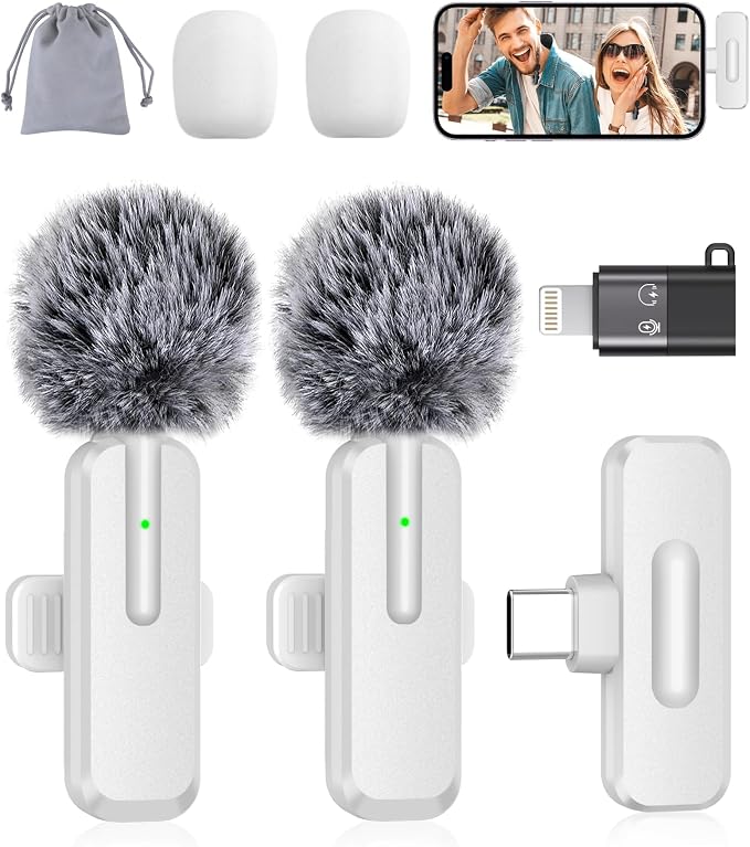 Wireless Mini Microphone for iPhone, Android - 2 Pack Lavalier Microphone for Video Recording, 2 In 1 Noise Reduction Lapel Mic for Ipad, Clip-on Mini Mic with USB-C for Content Creators Podcast