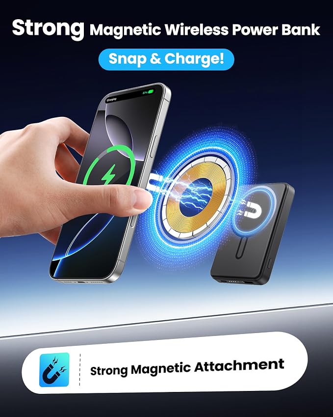 for Magsafe Portable Charger 5000mAh, Slim Magnetic Battery Pack, 15W Wireless Magnetic Battery Pack, 20W PD Fast Charging, Magnetic Power Bank for iPhone 17/16/15/14/13/12 Series (Black)