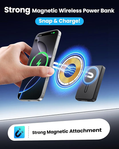 for Magsafe Portable Charger 5000mAh, Slim Magnetic Battery Pack, 15W Wireless Magnetic Battery Pack, 20W PD Fast Charging, Magnetic Power Bank for iPhone 17/16/15/14/13/12 Series (Black)