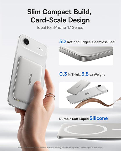 Baseus Picogo Power Bank, 0.3" Ultra Slim 5000mAh MagSafe Battery Pack, Update Polished Alloy Magnetic Portable Charger, Wireless Charger with USB-C Cable for iPhone 17 Pro Max/17 Air/16/15/14/13/12