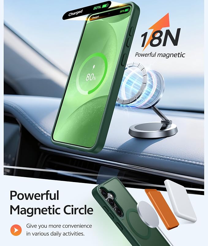 FNTCASE for Samsung Galaxy S25/S24 Case, Fit for Magsafe, Screen Protector | Translucent Matte Magnetic Back, 14FT Military Grade Drop Protection, Shockproof Protective Phone Cover, Green