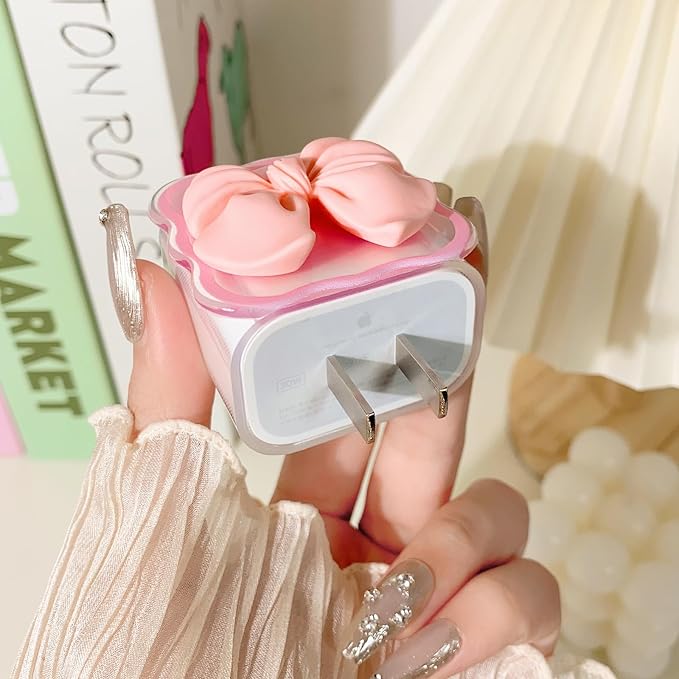 Lovmooful Compatible for iPhone 18W/20W USB-C Charger Cover Clear Lovely 3D Bowknot Waves Design Soft Charger Protector Cute Cable Case Saver Protector for Girls Women-Pink Bowknot