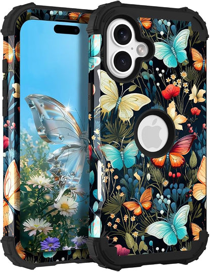 Hocase for iPhone 17 Case 6.3", Heavy Duty Shockproof Protection Soft Silicone Rubber+Hard Plastic Bumpers Hybrid Protective Case for iPhone 17 2025 - Joyful Butterfly