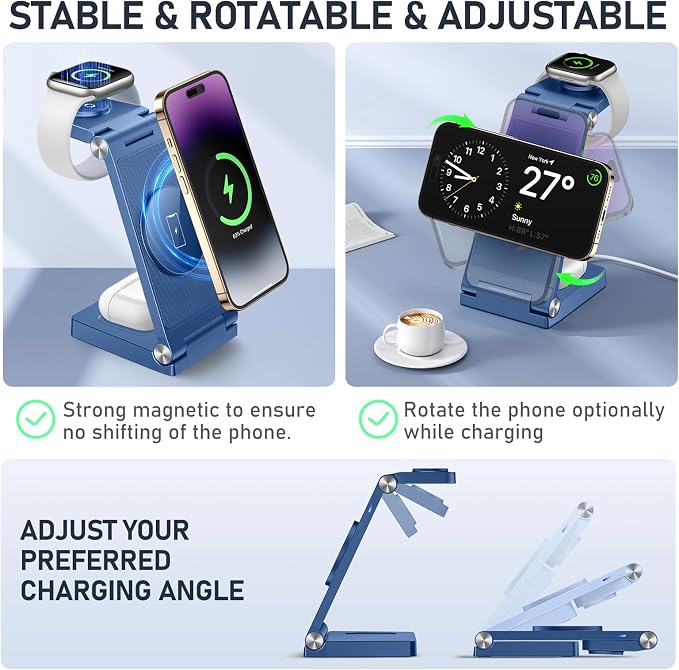 Magnetic Wireless Charger Stand, 3 in 1 Foldable Wireless Charging Station with 20W Adapter, Travel Charger for Multiple Devices for iPhone 17 16 15 14 13 12 Pro/Max/Plus/Mini, iWatch, AirPods