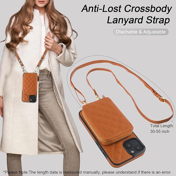Bocasal Crossbody Wallet Case for iPhone 14, RFID Blocking PU Leather Zipper Handbag Purse Flip Cover, Kickstand Folio Case with Card Slots Holder Wrist Strap Lanyard 5G 6.1 Inch (Brown)
