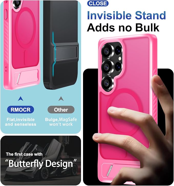 for Samsung Galaxy S25 Ultra Case with Screen Protector+Lanyard Wrist Strap,Magnetic Translucent Matte Rugged Slim Phone Cover Built in Invisible Kickstand [Fit for MagSafe],2025 Hot Pink
