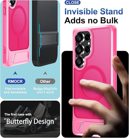 for Samsung Galaxy S25 Ultra Case with Screen Protector+Lanyard Wrist Strap,Magnetic Translucent Matte Rugged Slim Phone Cover Built in Invisible Kickstand [Fit for MagSafe],2025 Hot Pink