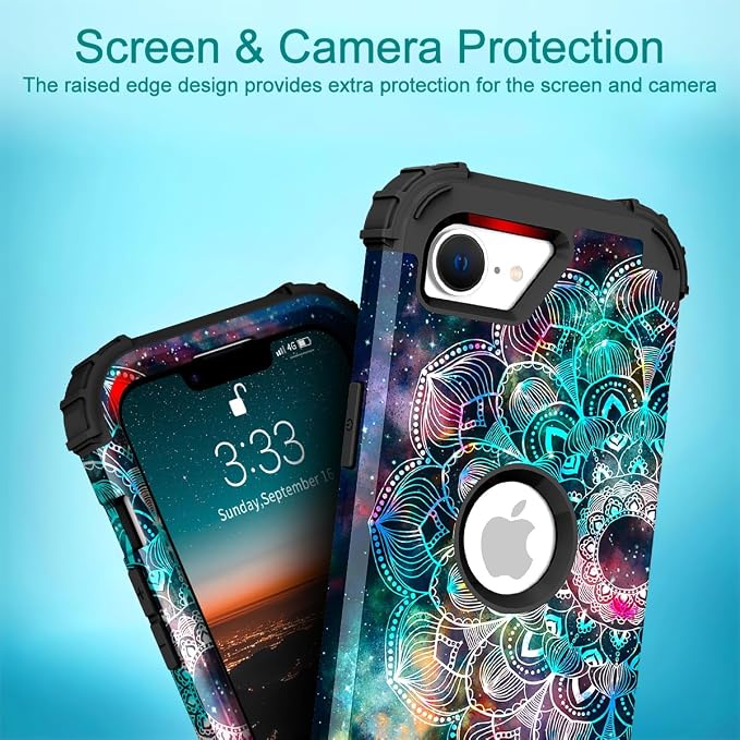 Hocase for iPhone 17e/iPhone 16e Case, Heavy Duty Shockproof Protection Hard Plastic+Silicone Rubber Hybrid Protective Phone Case for iPhone 17e/16e 6.1" - Mandala in Galaxy